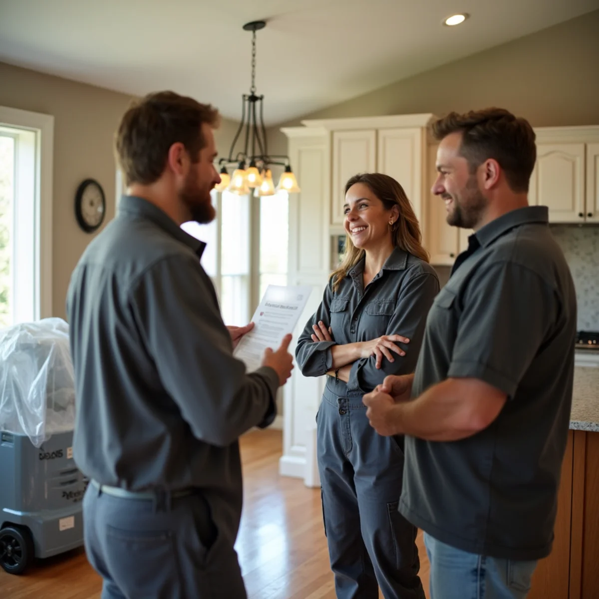 Two restoration technicians explaining a drying plan to a homeowner in a Katy, TX kitchen