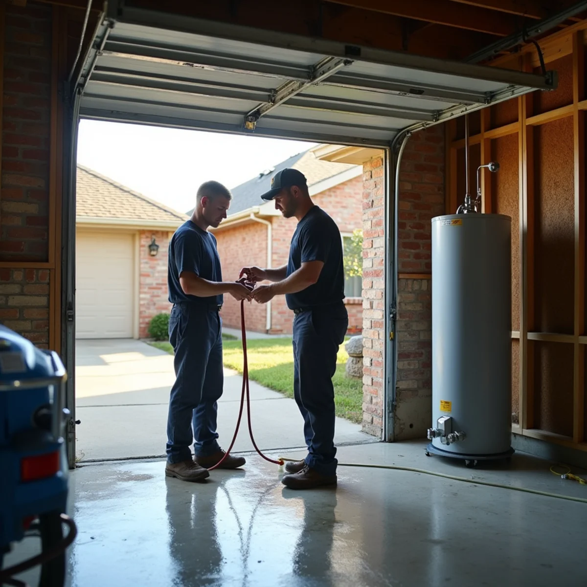 Two technicians checking a leaking water heater on a wet garage floor in a Katy, TX home