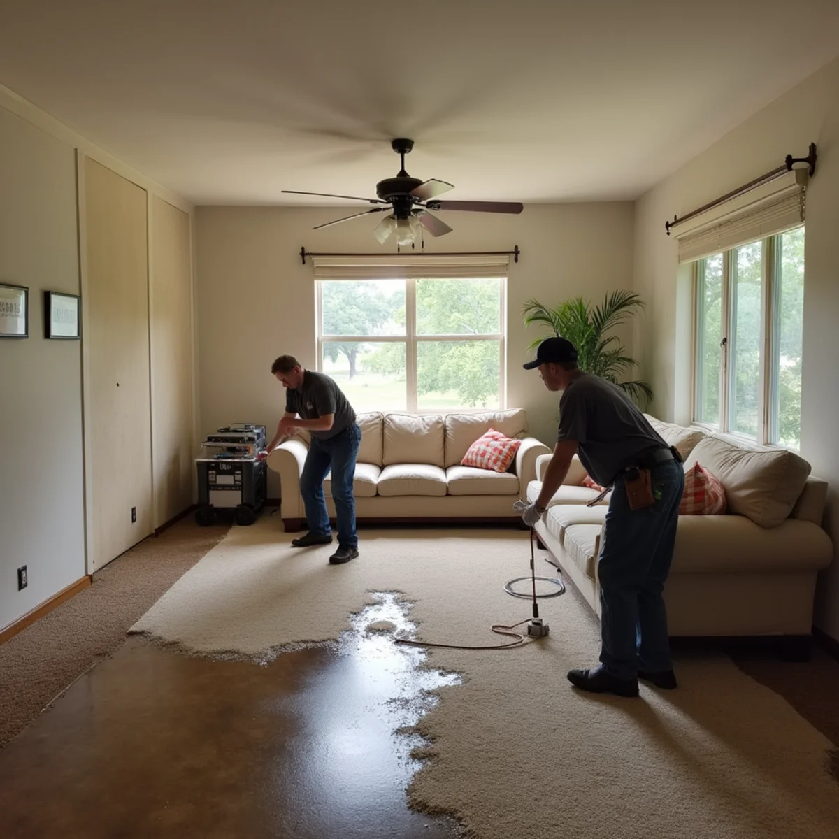Restoration technicians extracting floodwater from a Katy-area living room after a storm