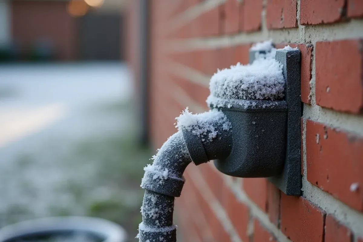 Frost-covered outdoor hose bib on the brick wall of a Katy, TX home during a hard freeze