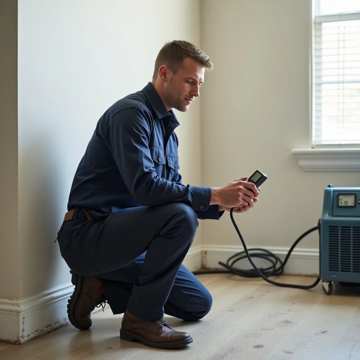Technician taking moisture readings beside a dehumidifier after a leak in a Houston-area home