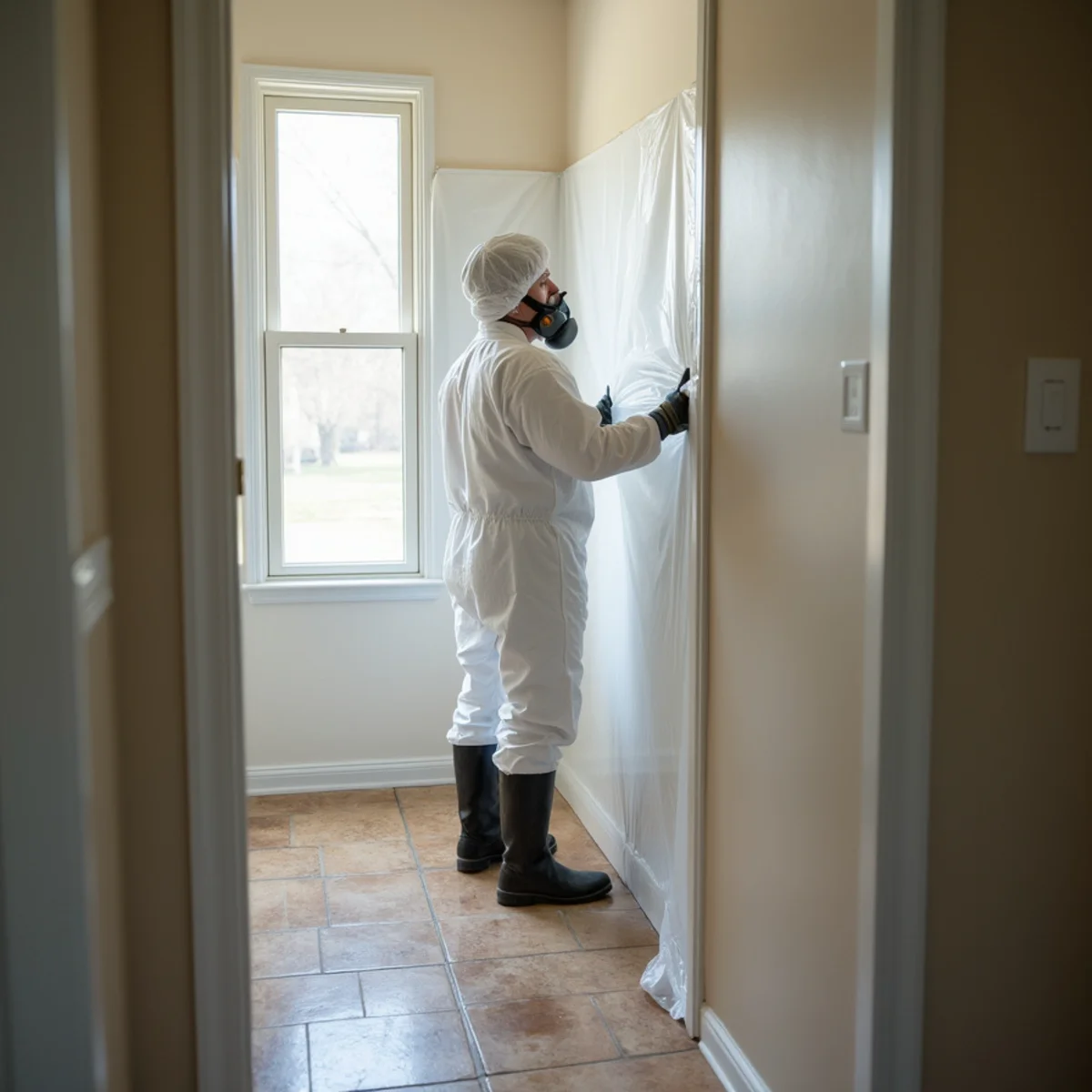 Technician in a protective suit and respirator taping plastic sheeting to seal off a room after a sewage backup in a Katy, TX home