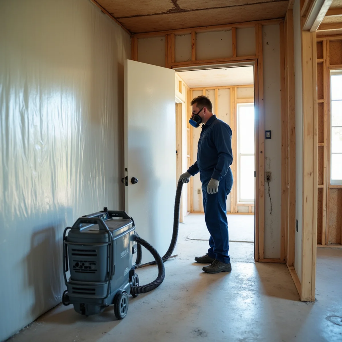 Mold remediation technician running a HEPA vacuum inside plastic containment in a Richmond, TX home