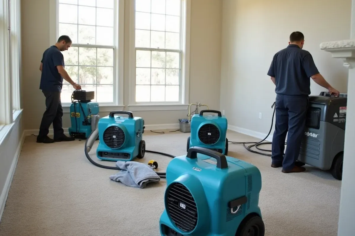 Air movers and an LGR dehumidifier set along the walls of a Katy-area living room during structural drying