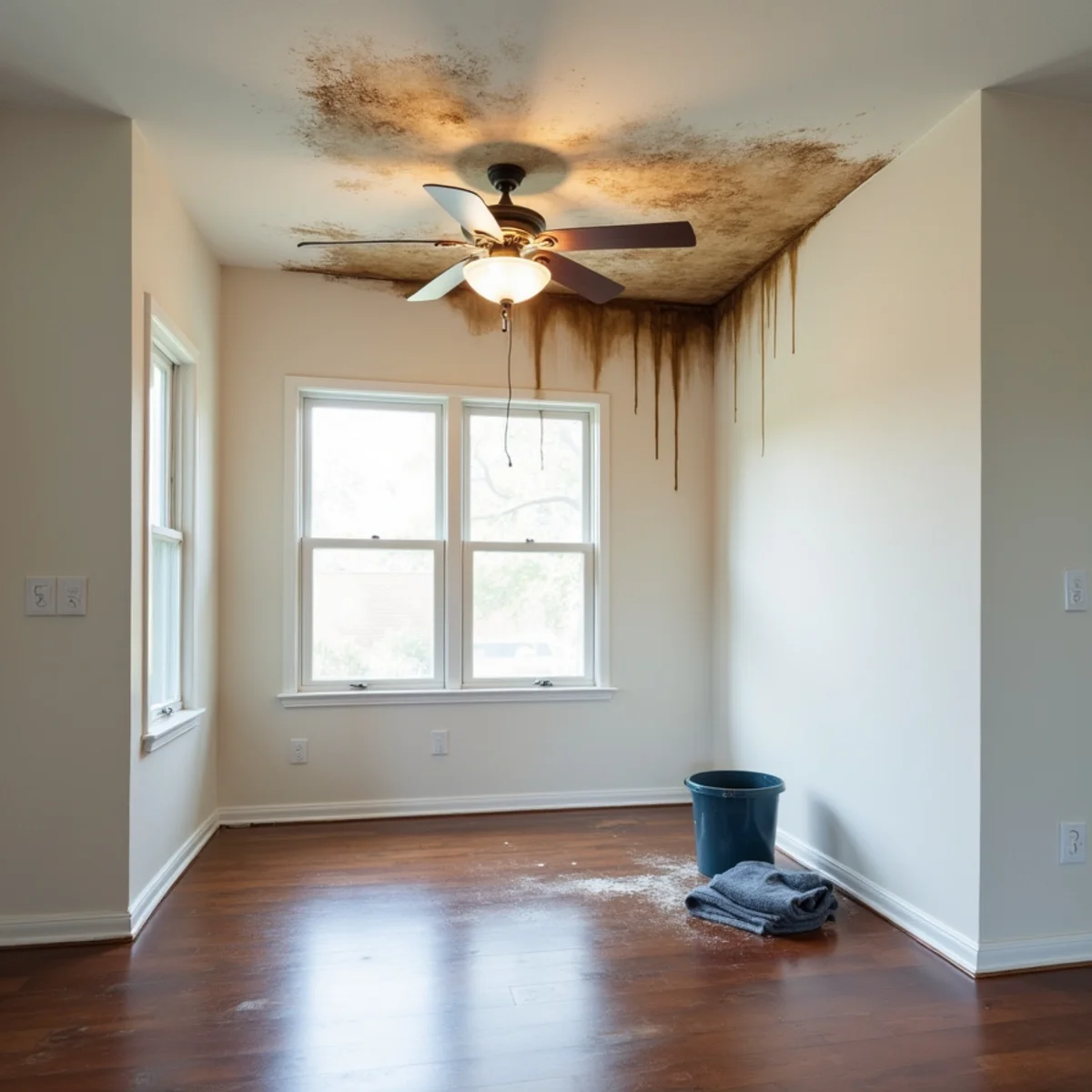 Water-stained ceiling with drip marks running down the wall after an attic leak in a two-story Katy, TX home