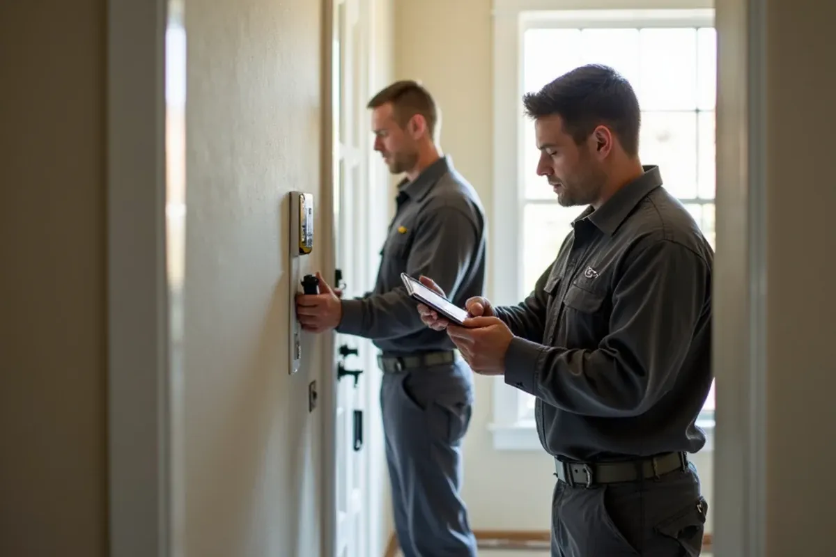 Restoration technicians taking moisture readings at a doorway in a Katy, TX home