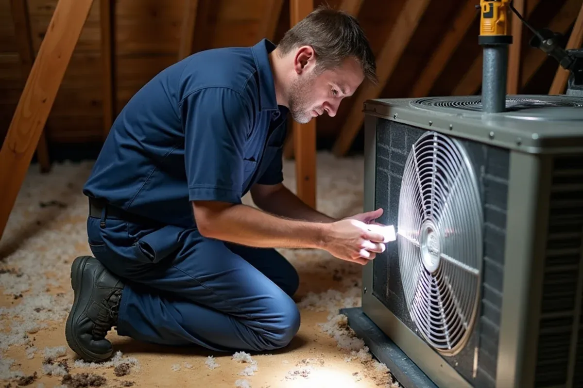Technician inspecting HVAC equipment for moisture in the hot attic of a two-story Katy, TX home