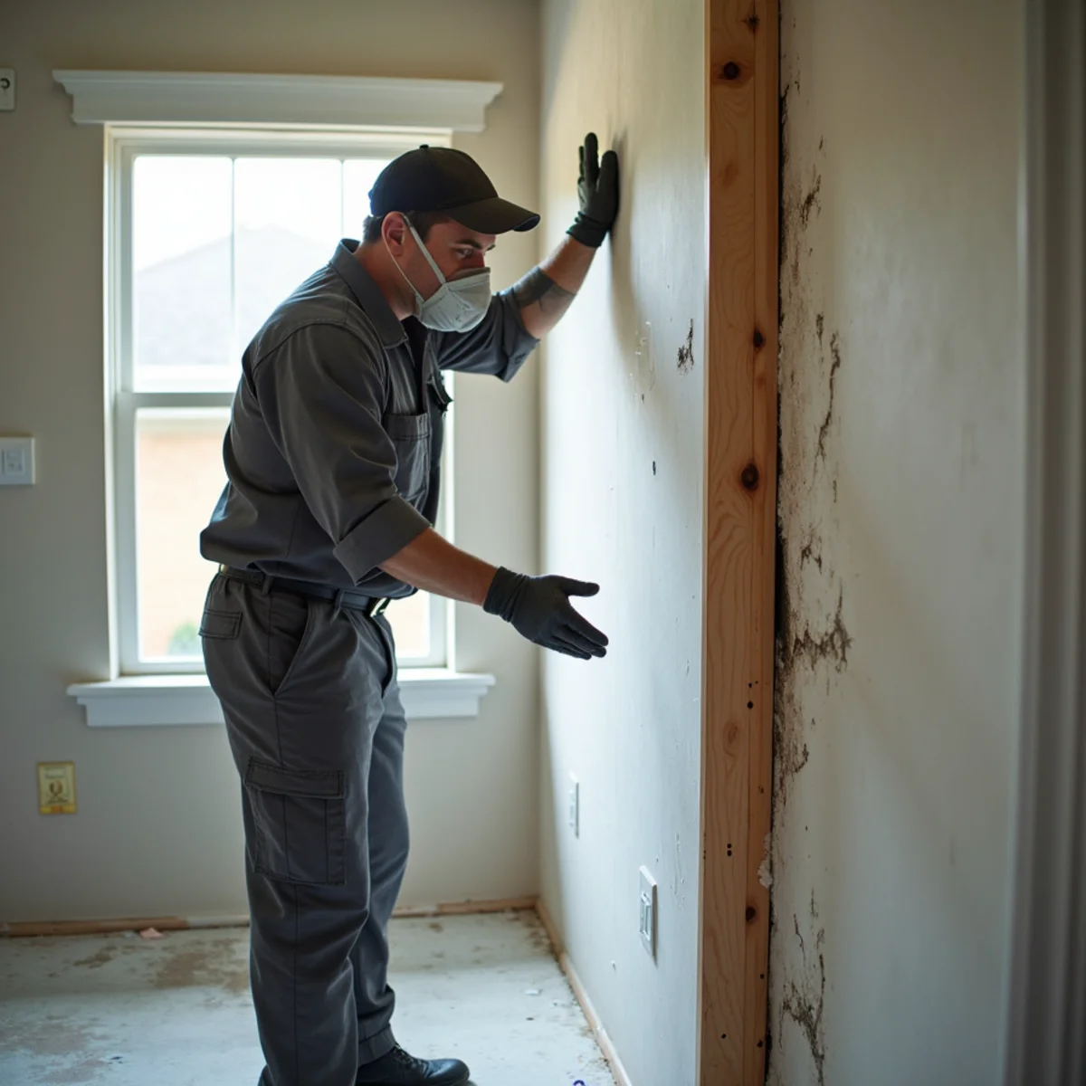 Mold remediation technician in a respirator inspecting mold along a wall seam in a Katy, TX home