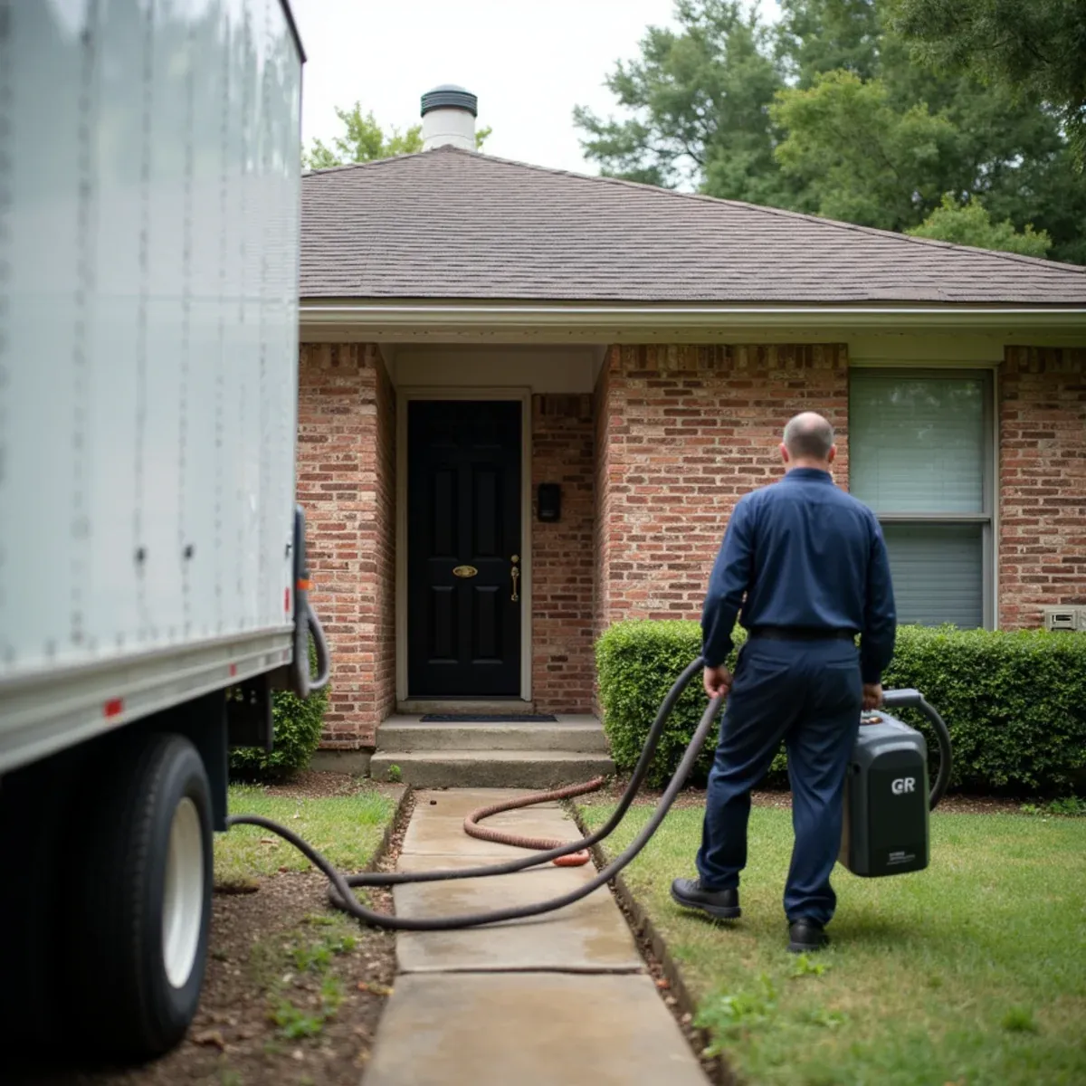 Single-story older home in Brookshire, TX with drying equipment hoses running through the front door