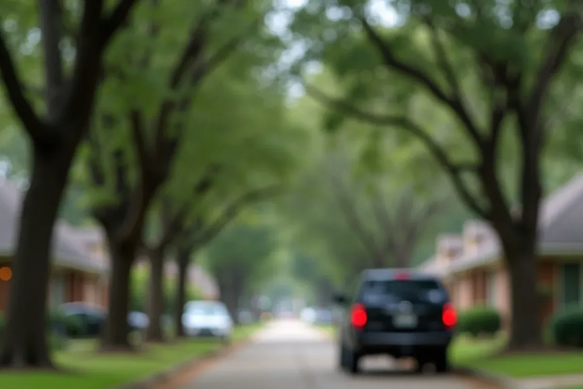 Street of 1980s brick slab homes with mature trees in Mission Bend, TX