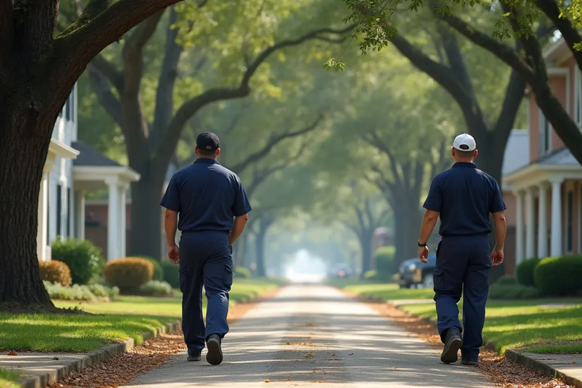 Restoration technicians walking a live oak-lined residential street in Richmond, TX