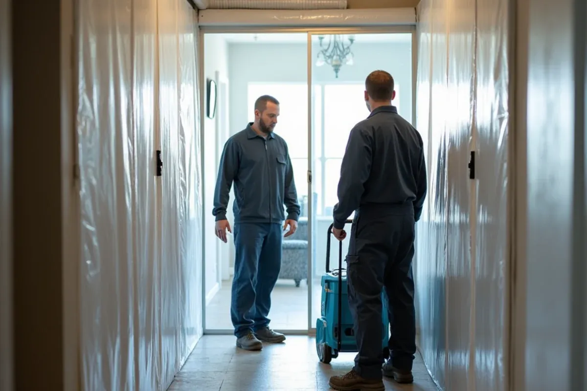 Plastic containment walls lining a hallway during sewage cleanup in a Katy home