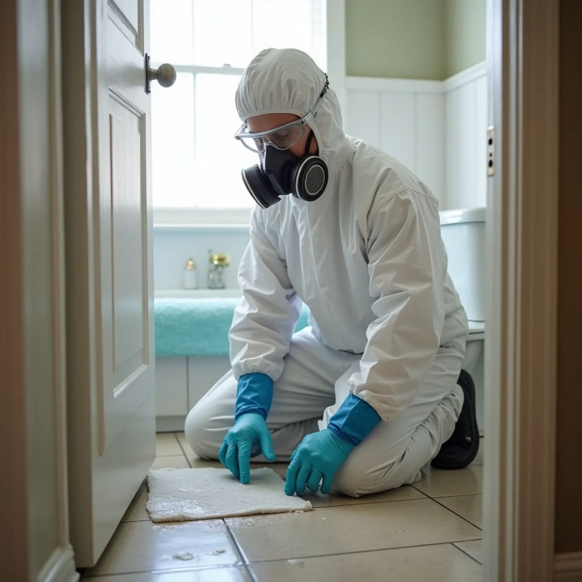 Technician in a protective suit and respirator cleaning up a sewage backup in a Katy, TX bathroom