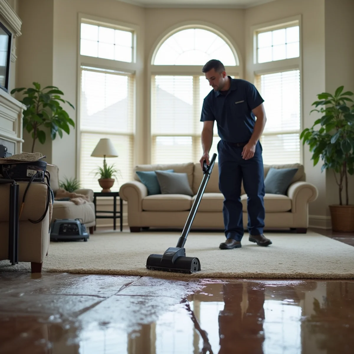 Restoration technician extracting water from wet carpet in a Katy, TX living room
